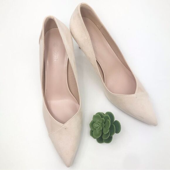 Coutgo Cream Patent Leather Faux Suede Pointed Toe Heels - Picture 2 of 11